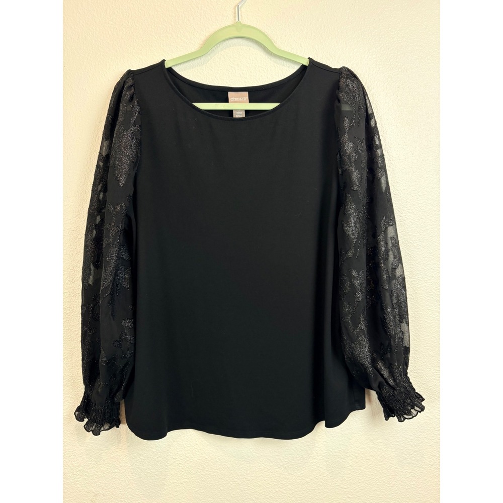 Chico's Black Sheer Metallic Floral Puff Sleeve Knit Top Size 3 XL Whimsigoth